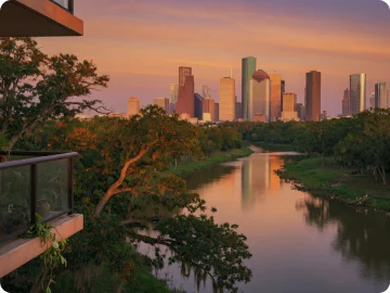 Bayou and skyline from The Dunlavy at dusk