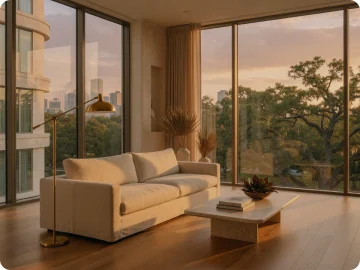 The Taft living room at Riverline at golden hour