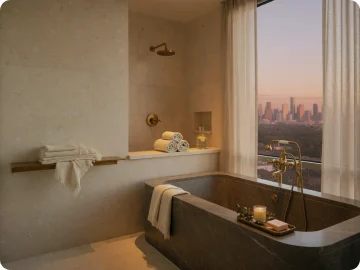 The Allen studio bath at Riverline, city view at golden hour