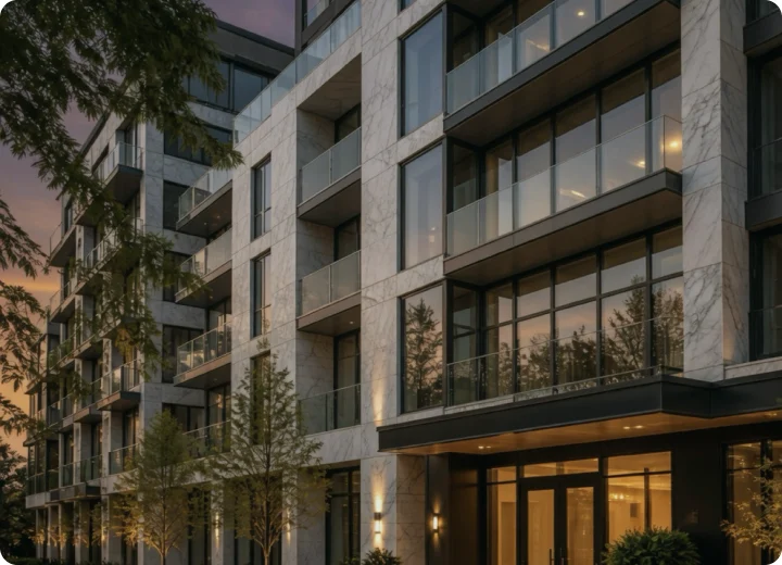 The building at dusk