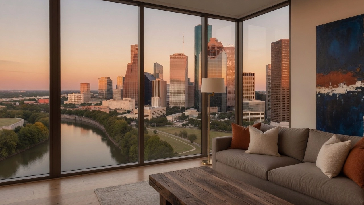 Living room looking over the skyline at golden hour