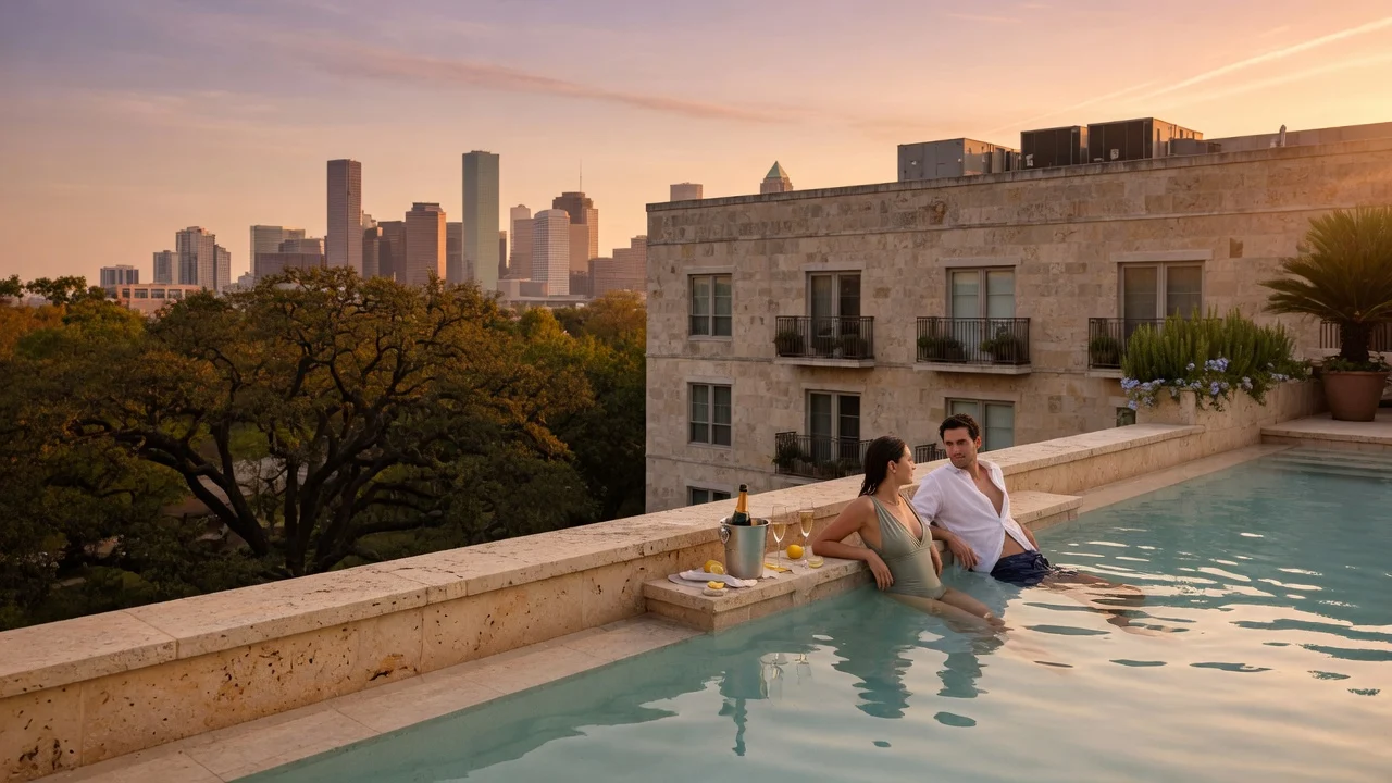 A couple relaxes in the rooftop pool, city skyline at sunset